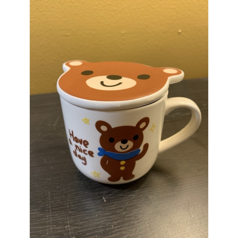 Cute Kawaii Daiso Have A Nice‎ Day Bear Mug Cup With Lid Colorful